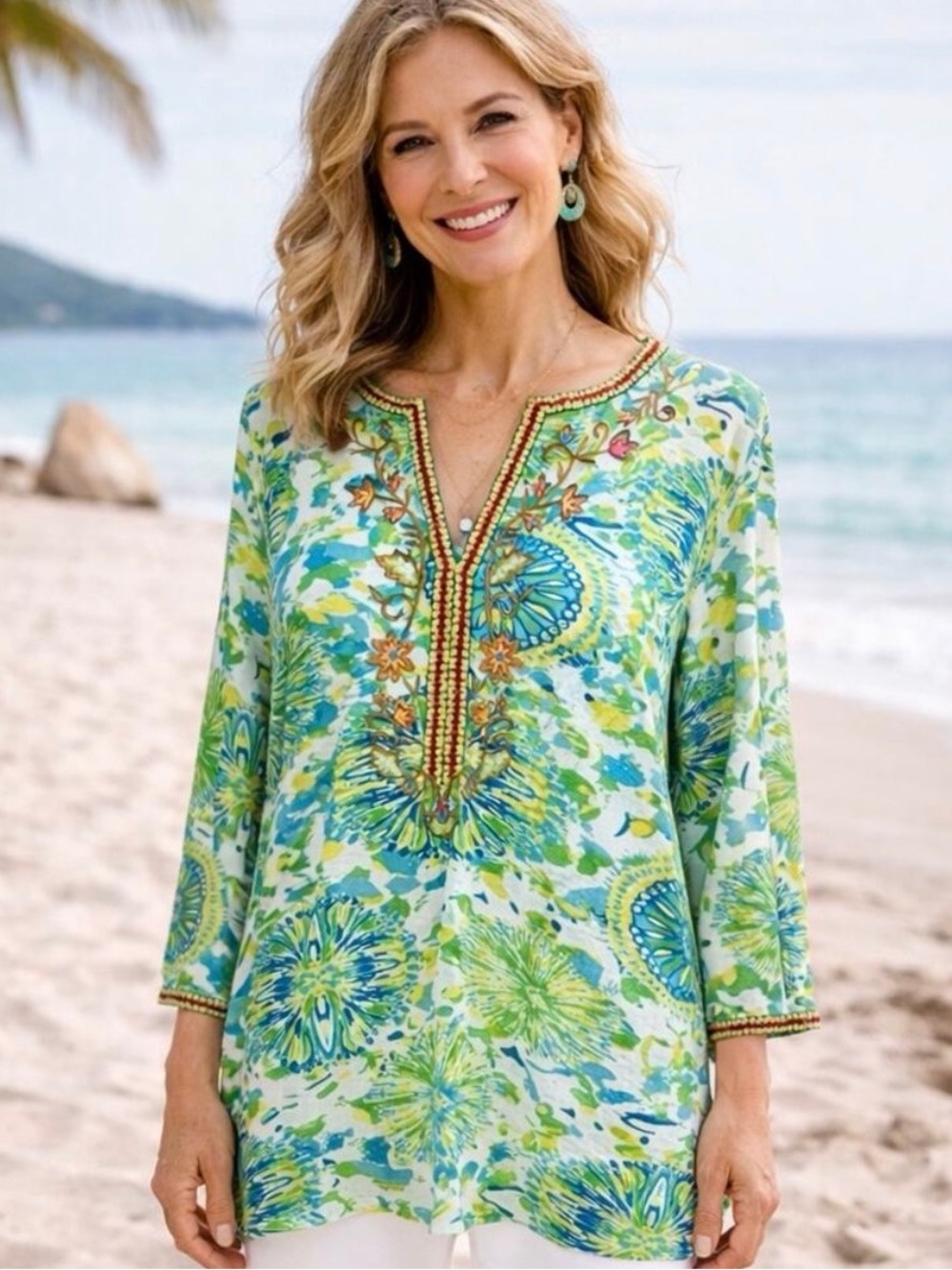 Soft Surroundings Multicolor Beaded Floral Tunic — Green, Aqua & Yellow NWT
